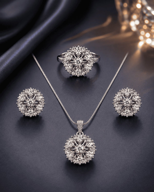Complete silver plated starburst zircon jewelry set – necklace, earrings and ring by Jewels by Sarah