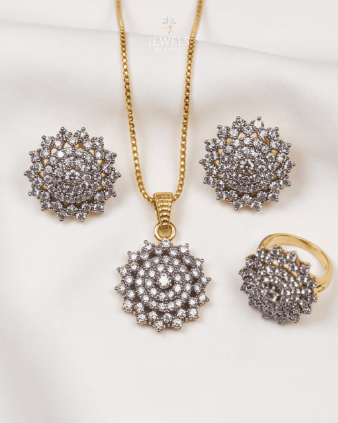 Gold polish zircon jewelry set with necklace, earrings and ring – Jewels by Sarah