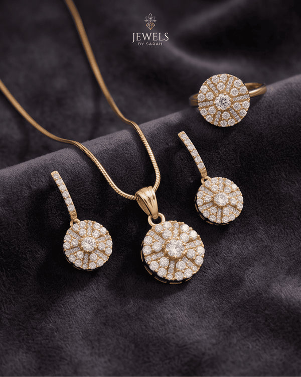 22K gold polish zircon cluster jewelry set with necklace, dangle earrings and ring – Jewels by Sarah
