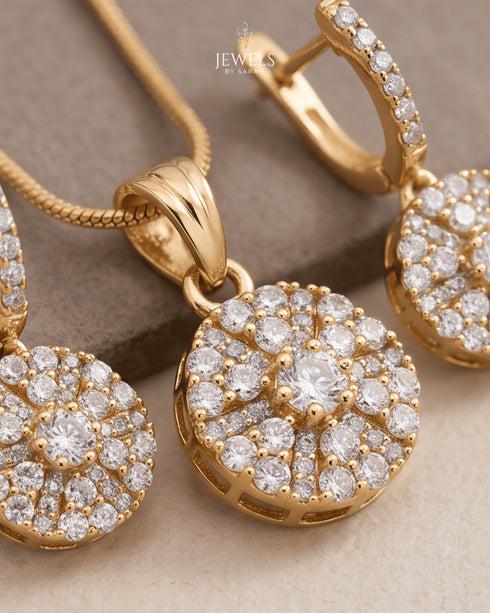Gold polish round zircon pendant and dangle earring close-up – Jewels by Sarah
