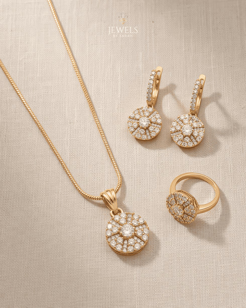 Gold polish zircon jewelry set with necklace, earrings and ring on linen background – Jewels by Sarah