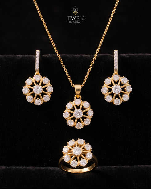 22K gold polish wheel-design zircon jewelry set with necklace, earrings and ring – Jewels by Sarah