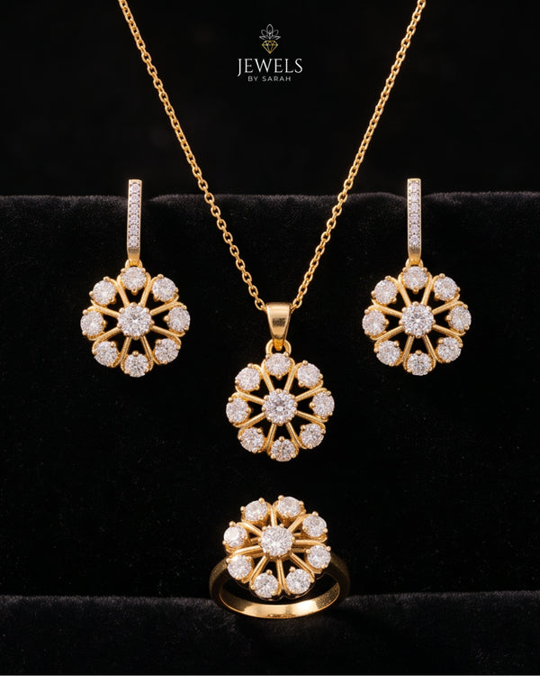 22K gold polish wheel-design zircon jewelry set with necklace, earrings and ring – Jewels by Sarah