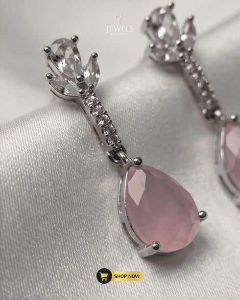 Model wearing the Blush Pink Signature Necklace and earrings with a white formal shirt, showcasing the necklace length and fit.