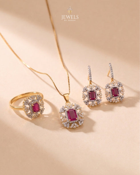 2K gold polish ruby zircon jewelry set with necklace, earrings and ring – Jewels by Sarah