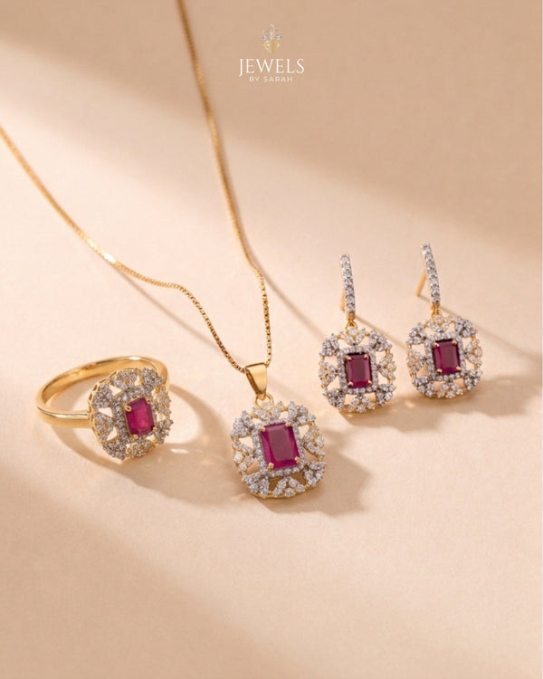 2K gold polish ruby zircon jewelry set with necklace, earrings and ring – Jewels by Sarah