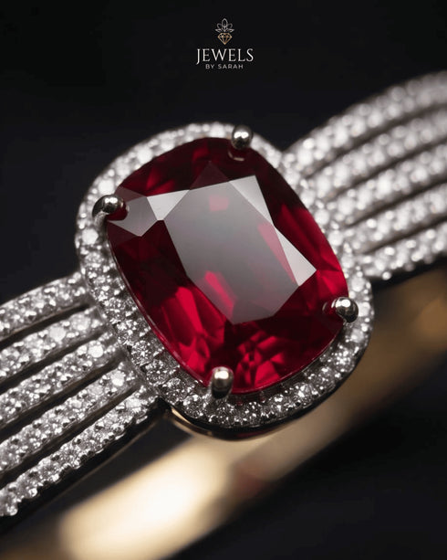 Close-up of ruby red center stone with pave zircon halo – Jewels by Sarah