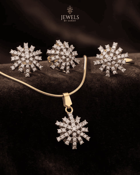 "Snowflake zircon necklace set with earrings and ring on dark velvet by Jewels by Sarah"