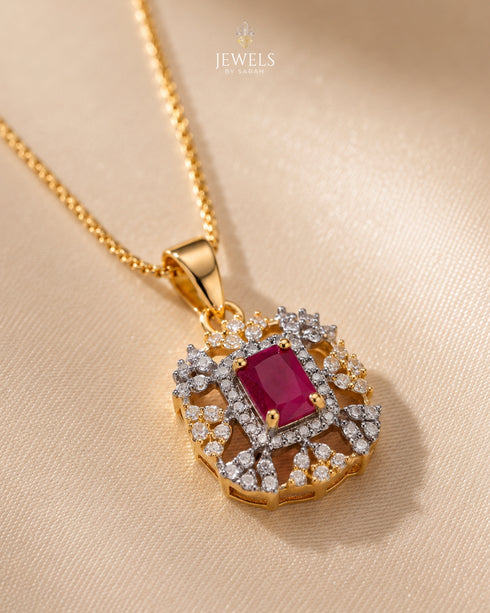 Gold polish ruby center pendant with zircon halo close-up – Jewels by Sarah