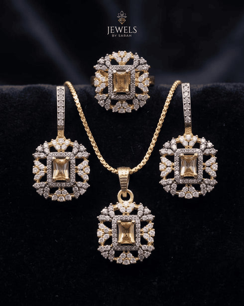 Gold champagne jurao stone jewelry set with necklace, dangle earrings and ring on black velvet – Jewels by Sarah
