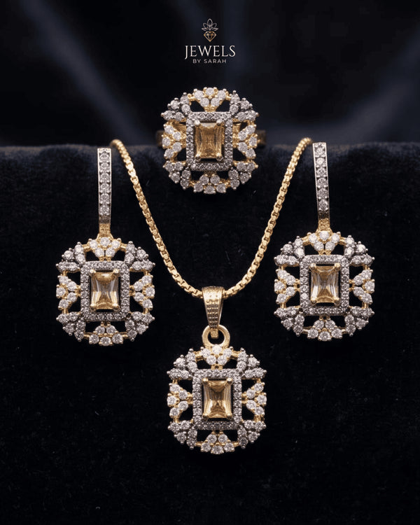 Gold champagne jurao stone jewelry set with necklace, dangle earrings and ring on black velvet – Jewels by Sarah