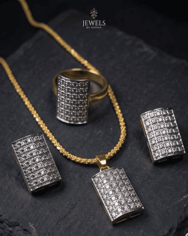 22K gold polish diamond-cut jurao zircon bar jewelry set with necklace, earrings and ring – Jewels by Sarah