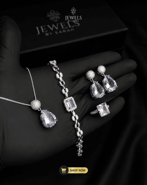 Premium silver clear zircon tear drop necklace bracelet ring and earrings set jewels by sarah