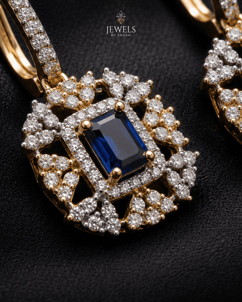 Gold polish sapphire blue jurao stone earring close-up – Jewels by Sarah