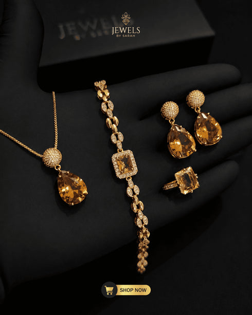 Luxury champagne gold tear drop zircon 4 piece jewelry suite for party wear