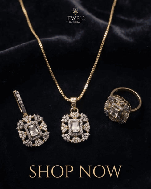Gold polish white jurao jewelry set with necklace, earrings and ring – Jewels by Sarah