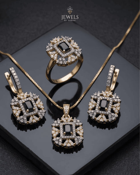 22K gold polish black jurao stone jewelry set with necklace, earrings and ring – Jewels by Sarah