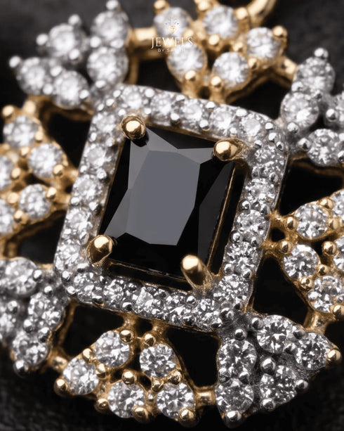 Close-up of jet black jurao stone with zircon halo detailing – Jewels by Sarah