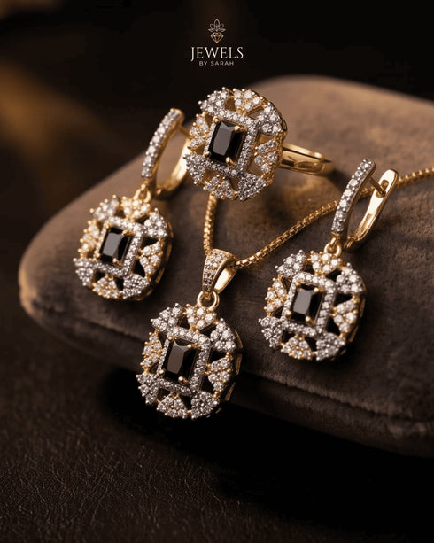 Gold black jurao stone jewelry set with dangle earrings, pendant and ring – Jewels by Sarah