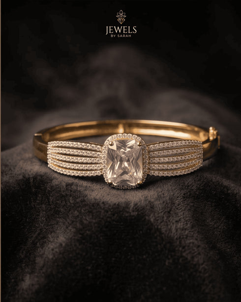 22K gold polish clear zircon statement bangle bracelet on dark velvet – Jewels by Sarah