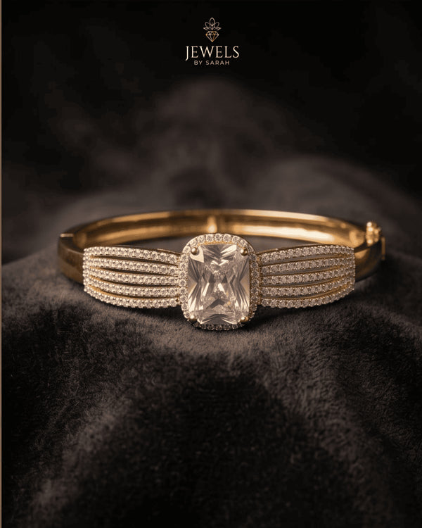 22K gold polish clear zircon statement bangle bracelet on dark velvet – Jewels by Sarah
