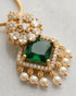 Close-up of square-cut emerald pendant with AD stones and pearl drops in 22K gold polish - Jewels by Sarah Signature Collection