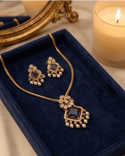 South Indian mauve square necklace and earrings set in navy jewelry box - Jewels by Sarah 22K gold polish