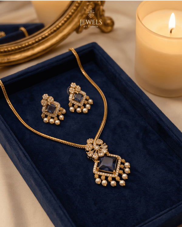 South Indian mauve square necklace and earrings set in navy jewelry box - Jewels by Sarah 22K gold polish
