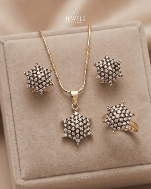 "Champagne crystal star cluster necklace set with earrings and ring on beige velvet by Jewels by Sarah"