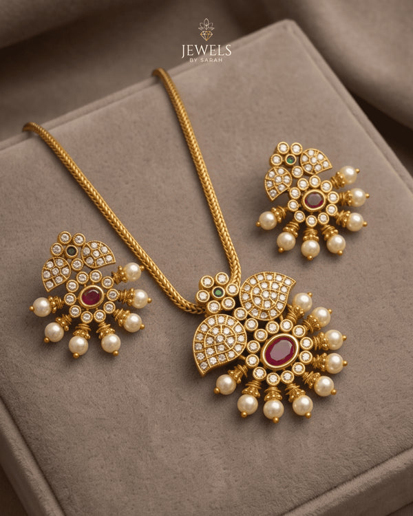South Indian kemp stone necklace and earrings set with pearl drops on beige velvet box - Jewels by Sarah