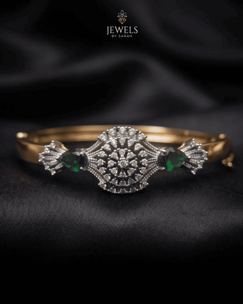 Gold emerald sunburst medallion bangle bracelet on black fabric – Jewels by Sarah
