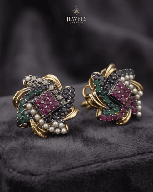 "Multicolor gemstone antique stud earrings with pearls and ruby emerald sapphire stones by Jewels by Sarah"