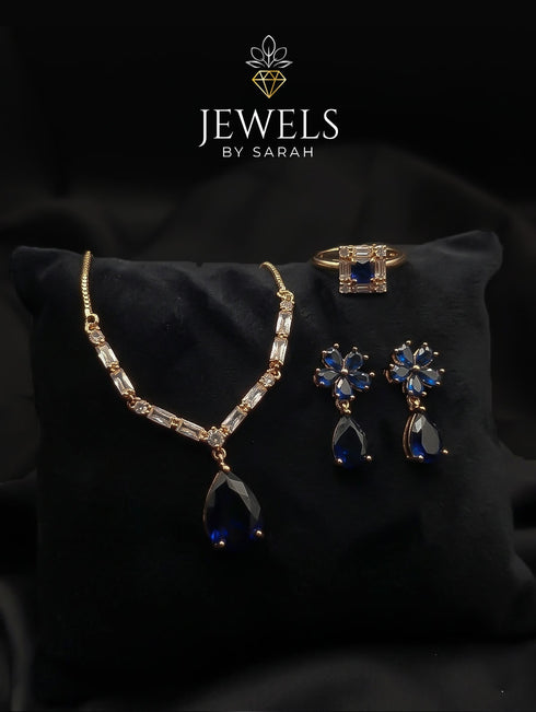 Sapphire Blue Teardrop Zircon Jewelry Set Gold Plated Jewels by Sarah