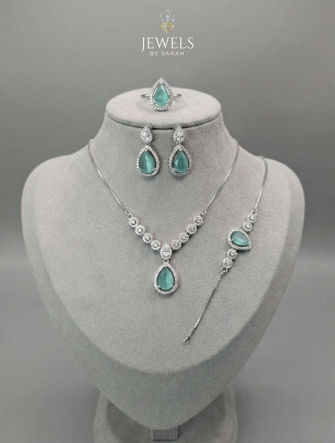 4 Piece Zircon Set, Silver Pear Drop Necklace, Red Stone Bridal Set, Blue Zircon Jewellery, Artificial Jewellery Pakistan