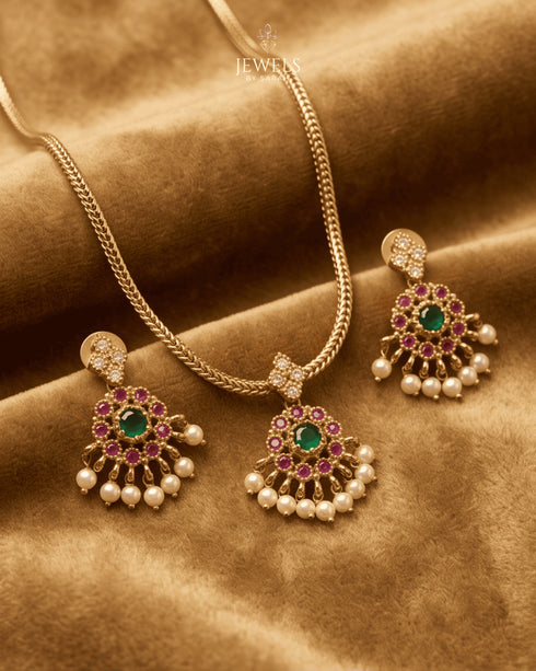 South Indian kemp pearl necklace and earrings set on brown velvet fabric - Jewels by Sarah