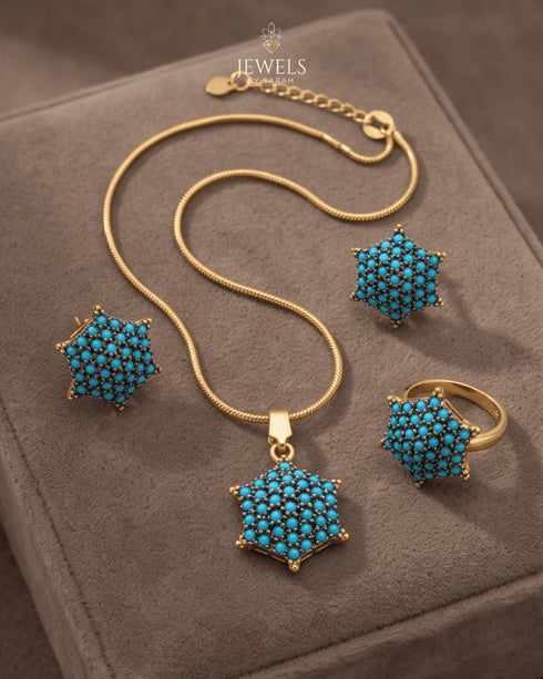 "Feroza turquoise star cluster necklace set with earrings and ring on brown velvet by Jewels by Sarah"