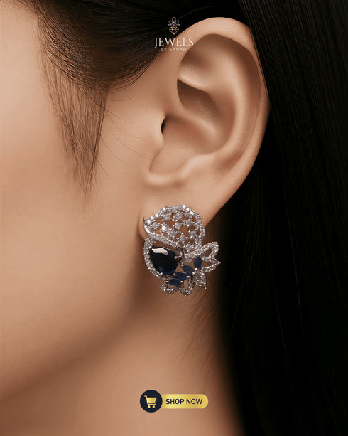 Model-wearing-Royal-Blue-Zircon-Earrings-Jewels-by-Sarah-Silver-Plating-Pakistan