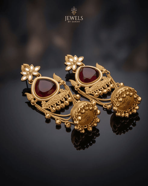 Pair of Kashmiri style maroon stone jhumka earrings with gold bell drops - Jewels by Sarah Signature Collection