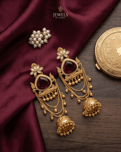 Kashmiri style maroon jhumka earrings with antique gold finish on silk fabric - Jewels by Sarah