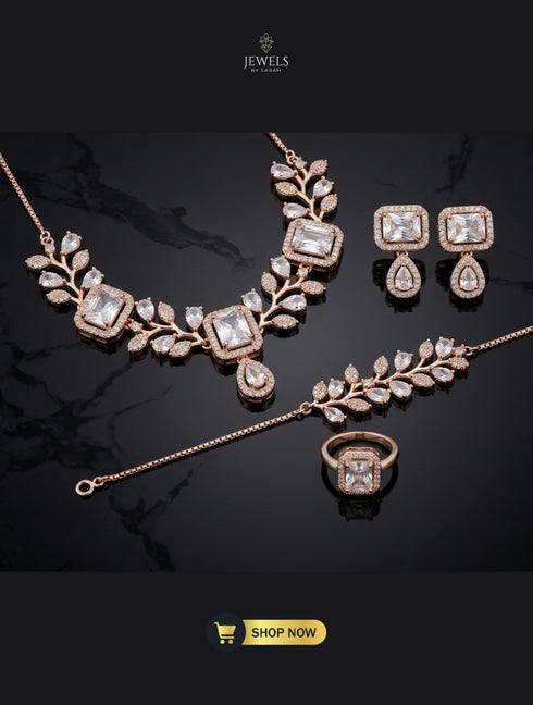 4-Piece Diamond White Zircon Bridal Set with Vine Necklace and Bracelet
