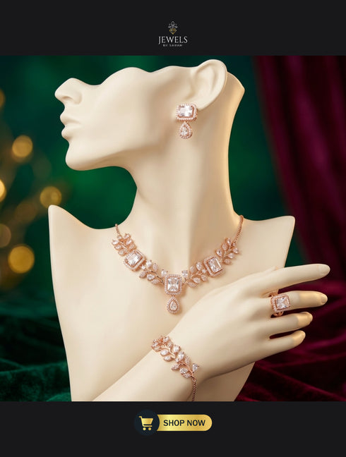 4-Piece Diamond White Zircon Bridal Set with Vine Necklace and Bracelet