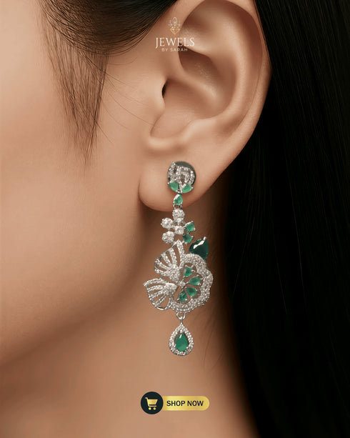 The "Emerald Camellia" Grand Chandelier Drops – Intricate Mint Green Zircon & Premium AD Stone Earrings in Rhodium Finish