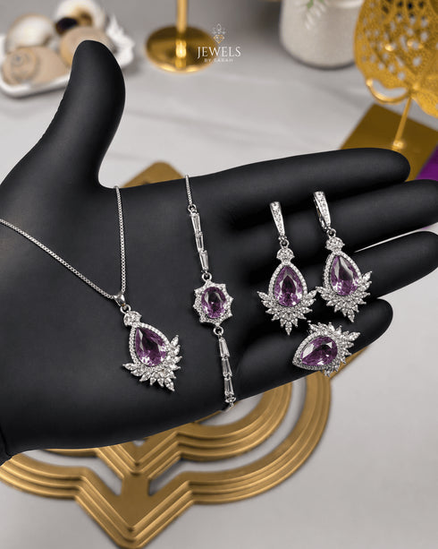 "Baby pink marquise sunburst jewelry set with necklace, bracelet, earrings and ring"