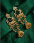 Kashmiri style emerald green jhumka earrings with antique gold finish on silk fabric - Jewels by Sarah