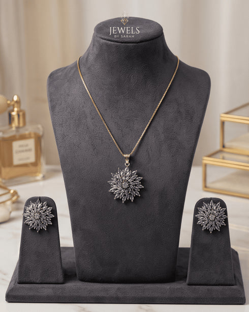 Jurao stone starburst necklace set displayed on mannequin bust with matching earrings - Jewels by Sarah