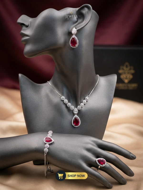 4 Piece Zircon Set, Silver Pear Drop Necklace, Red Stone Bridal Set, Blue Zircon Jewellery, Artificial Jewellery Pakistan