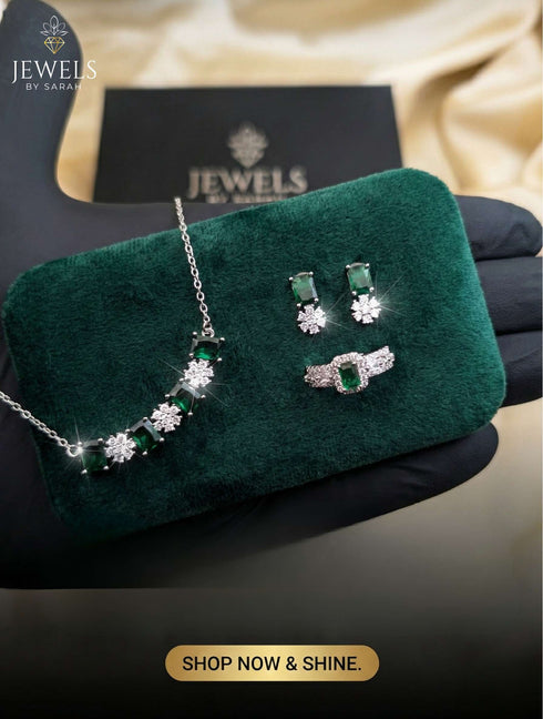 S925 Sterling Silver Curved Bar Necklace Set with Emerald Cut and Floral Zircons - Available in White Green and Colored Stones