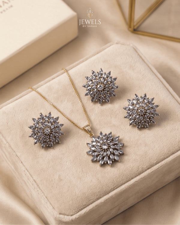 Jurao stone starburst necklace and earrings set on velvet box with Jewels by Sarah branding - 22K gold polish