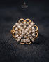 "Crystal floral gold plated ring with scalloped design on dark fabric by Jewels by Sarah"