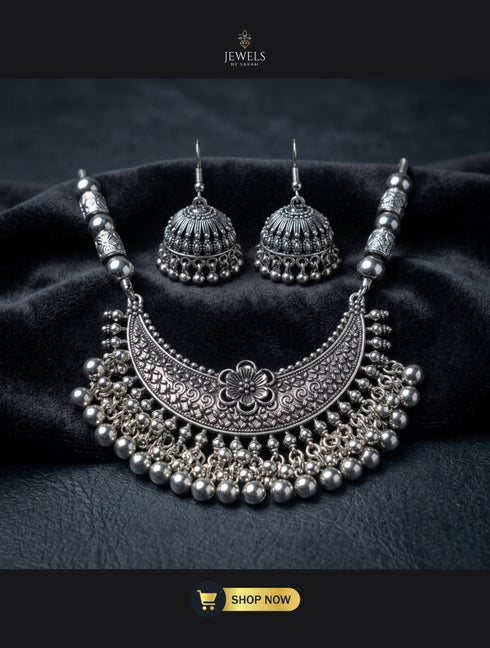 Oxidized Antique Silver Necklace Set with Crescent Moon Pendant and Jhumkas.
